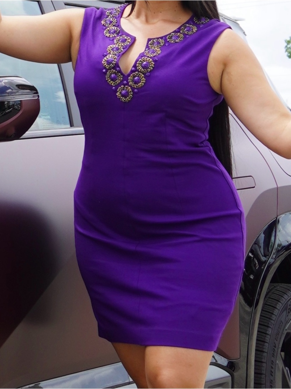 Trina Turk Purple Sleeveless Beaded Neckline Sheath Dress